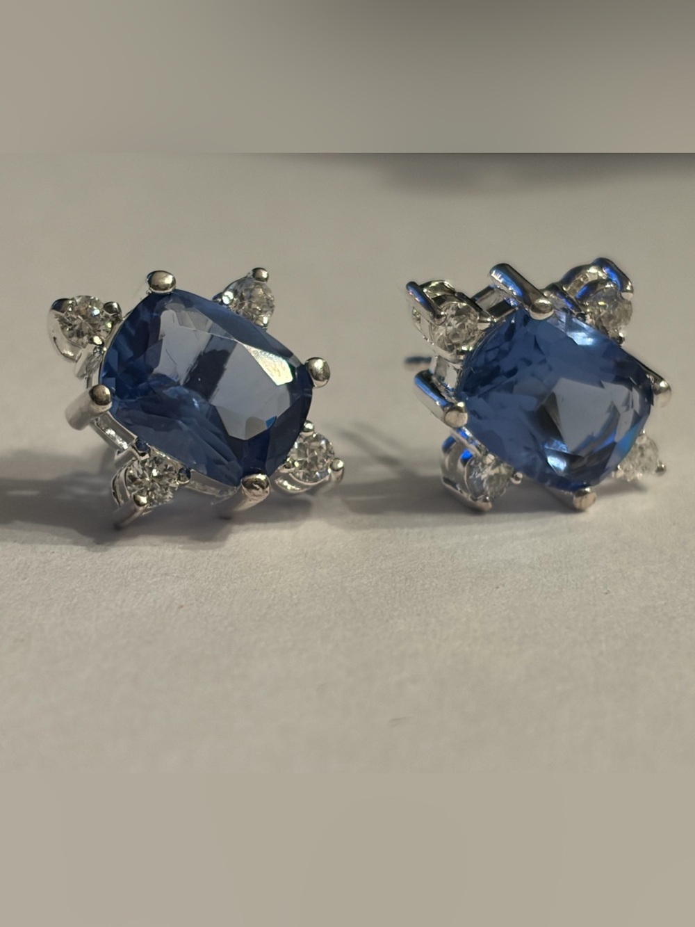 Elegant Faux Blue Sapphire Cushion Cut Post Earrings Silver Tone